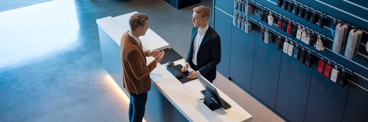 Automotive service centre reception with customer.