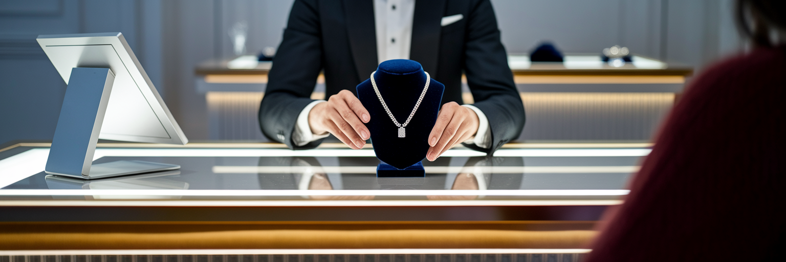 Customer viewing necklace in luxury jewellery boutique.