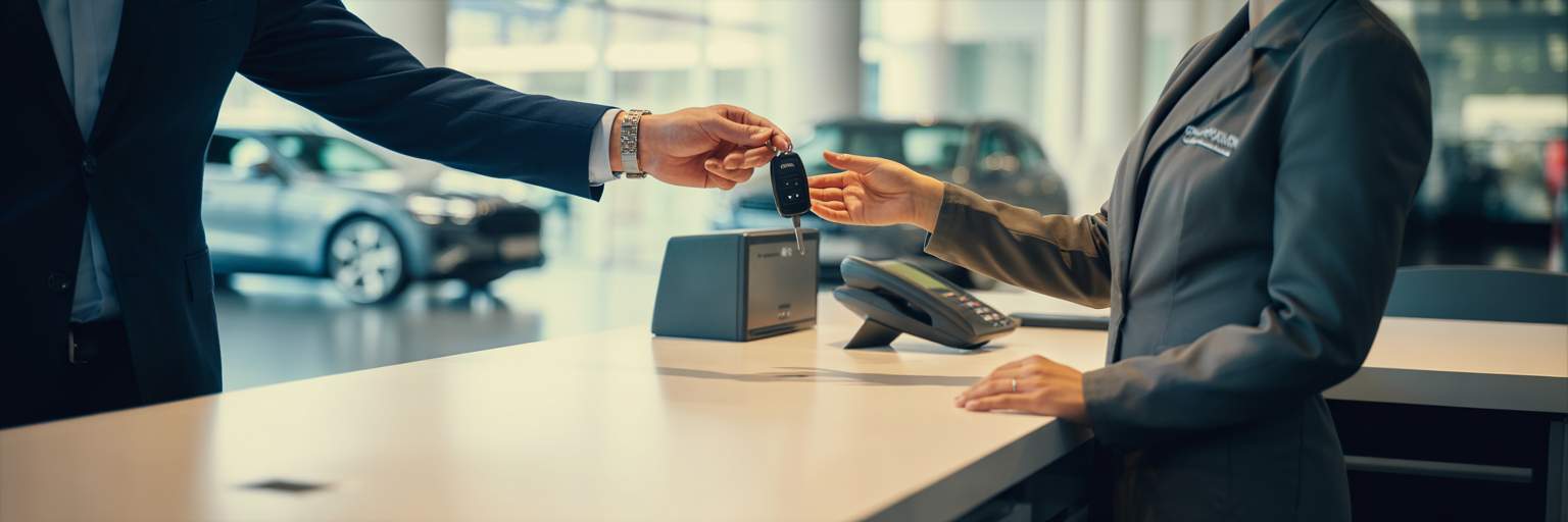 Customer handing keys to dealership advisor.