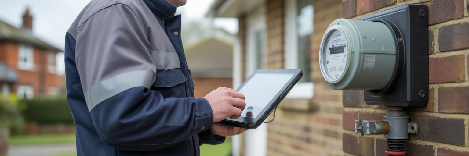 Utility engineer with tablet at UK home meter