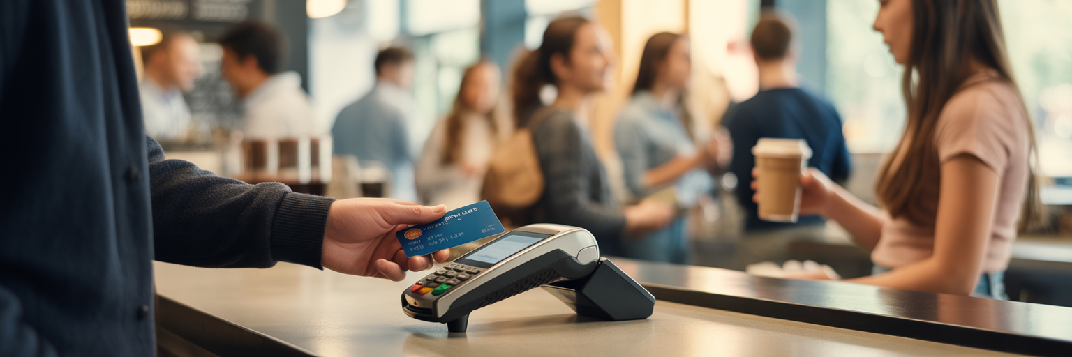 Student paying with campus card at university café.