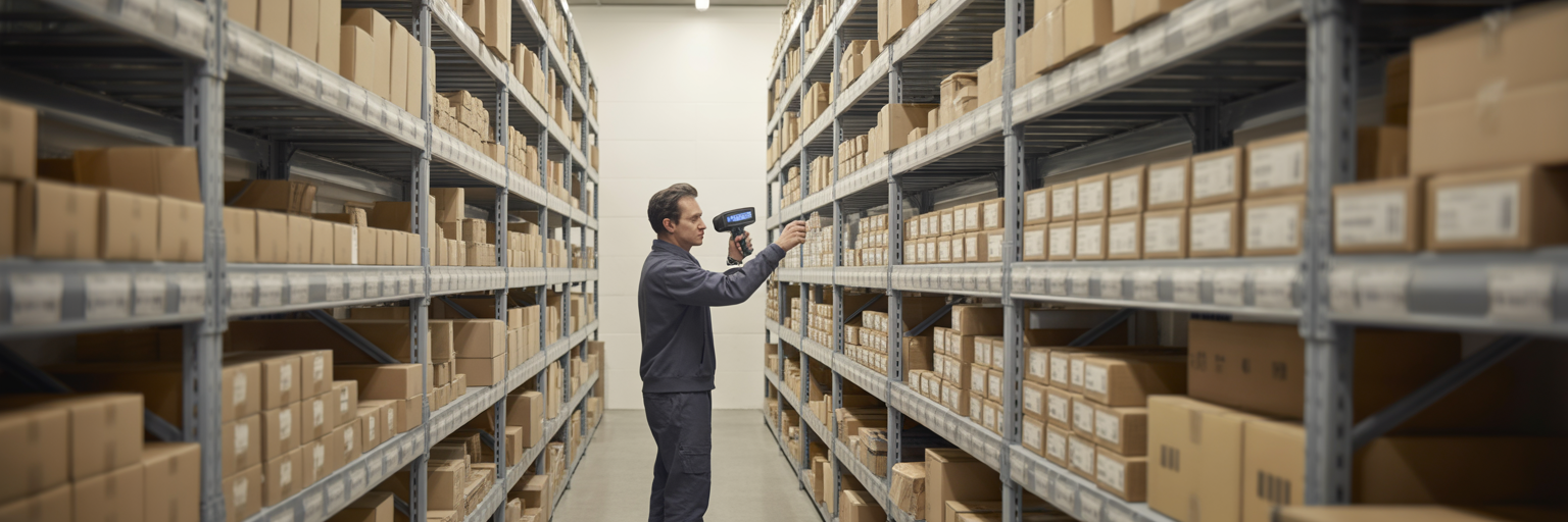 Worker scanning box in organised stockroom