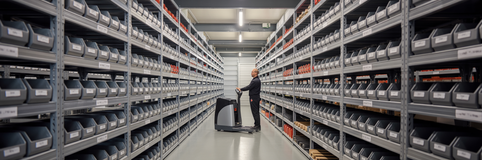 Organised retail stockroom with efficient workflow.