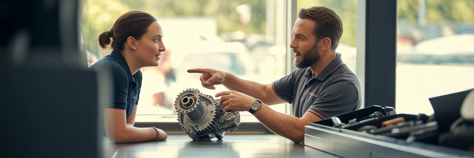 Manufacturing advisors discussing component in showroom.