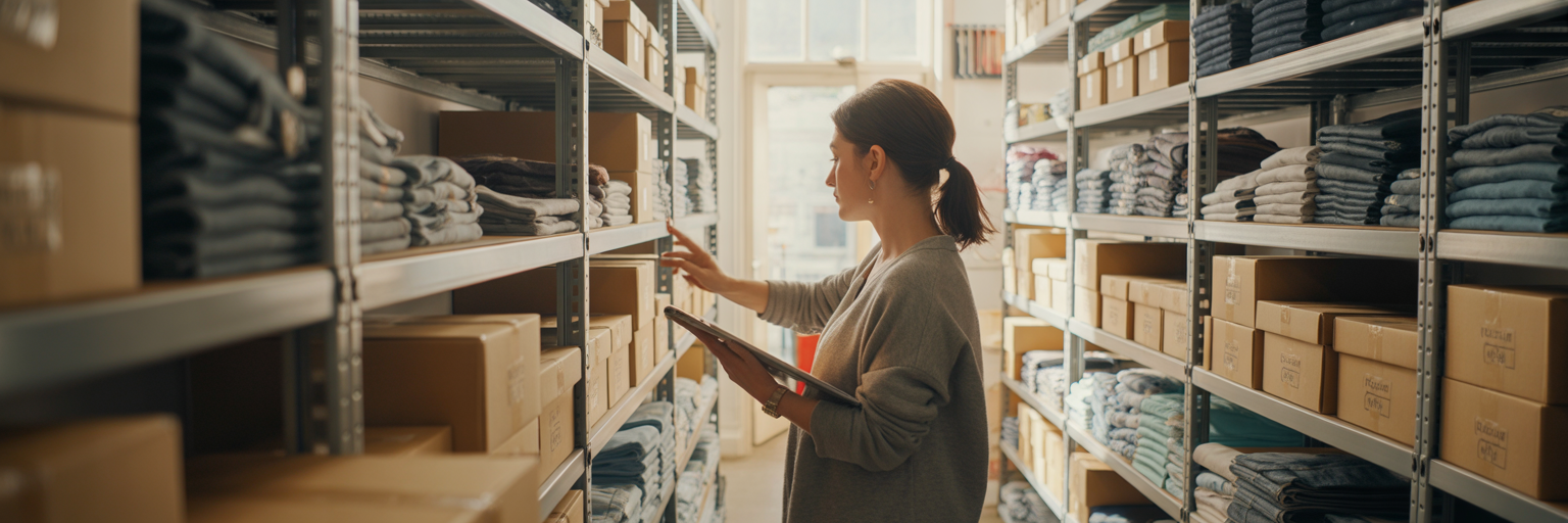 Retail manager planning stock in a storeroom.
