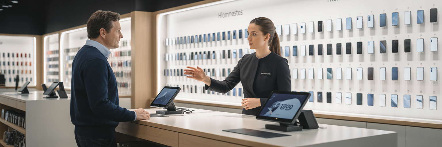 Retail associate helping customer in modern phone store.