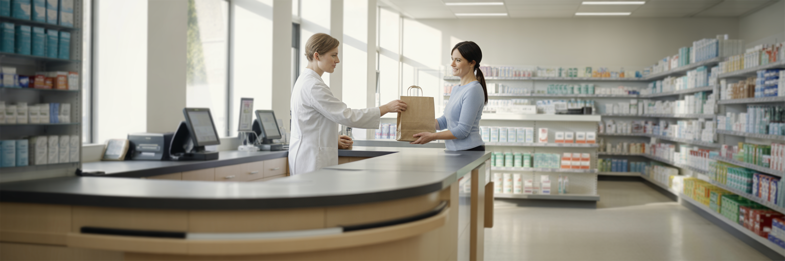 Pharmacist serving customer in modern pharmacy