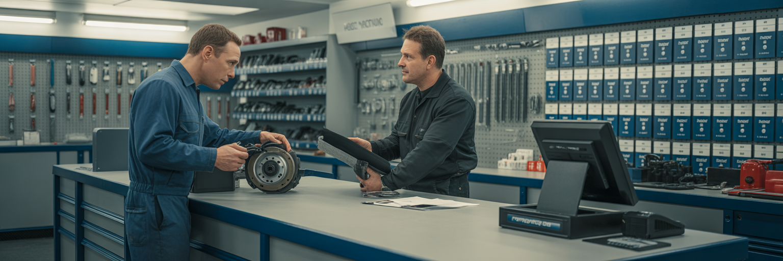 Automotive parts counter professional transaction.