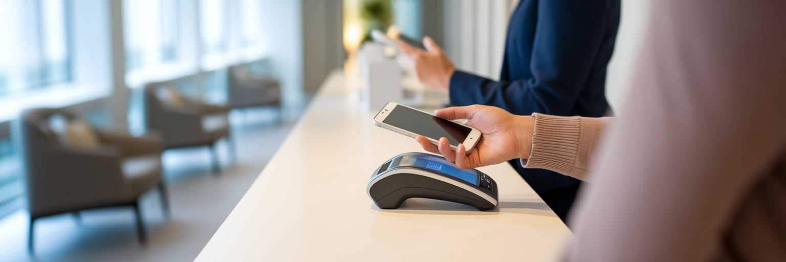 Patient making contactless payment at clinic.