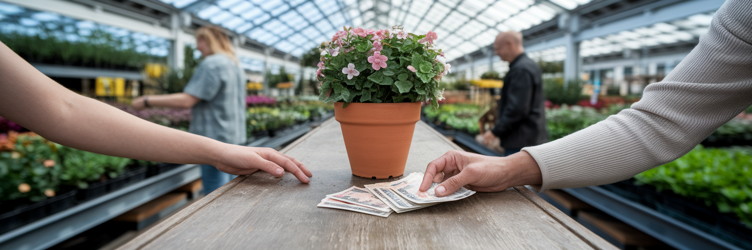Customer paying with cash at garden centre.