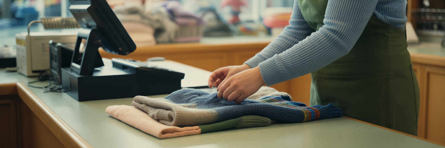 Staff member folding donation in charity shop.