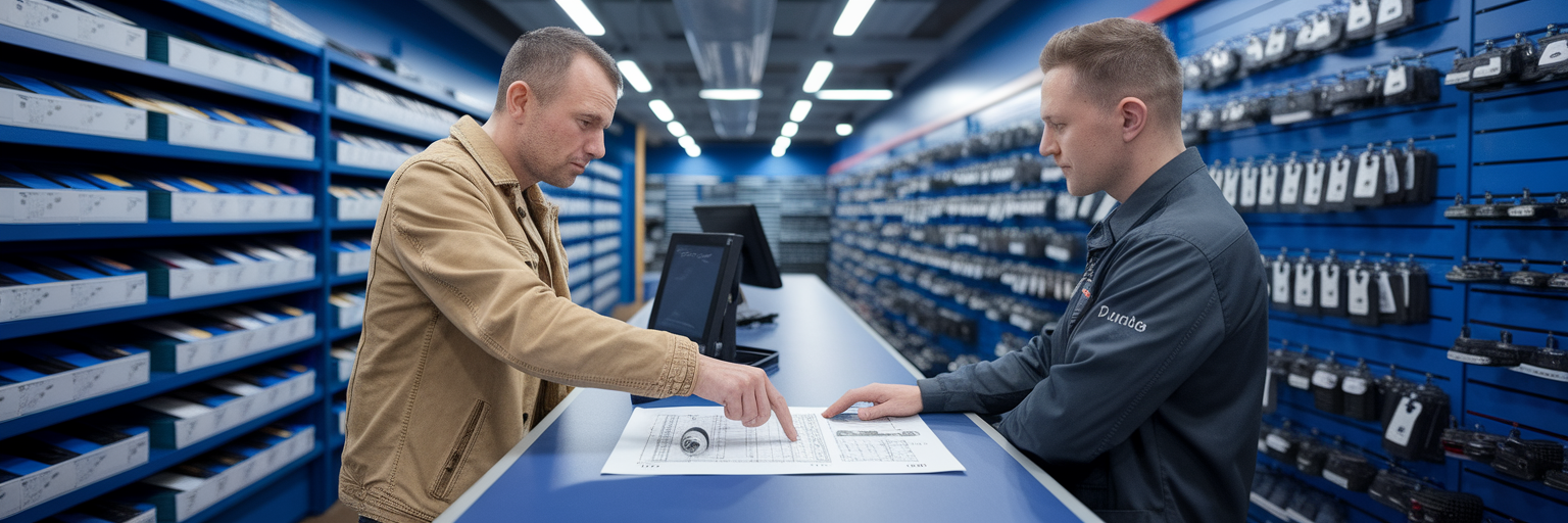 Automotive parts counter transaction.