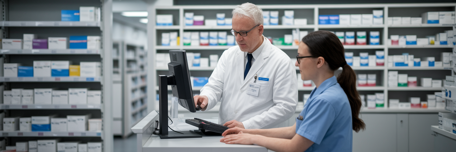 Pharmacist training technician on healthcare POS.