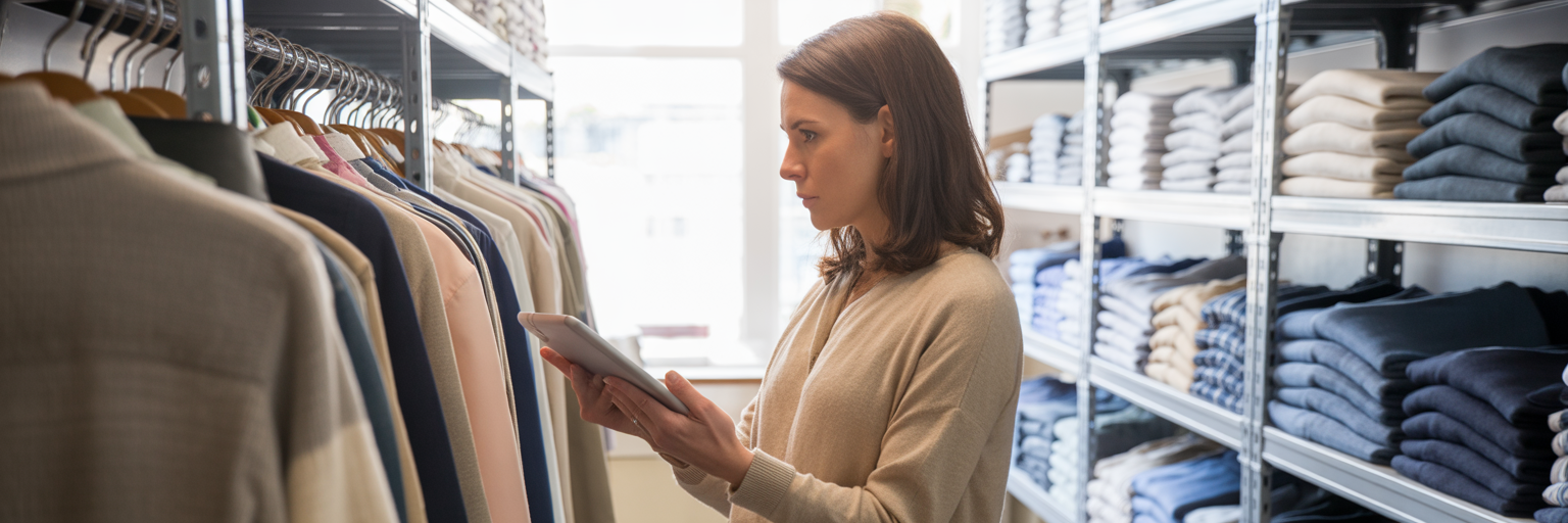 Retail manager checking stock with tablet.
