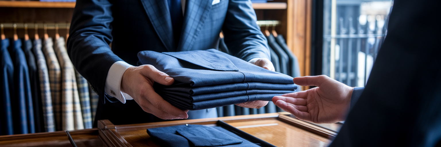 Bespoke tailor serving a customer