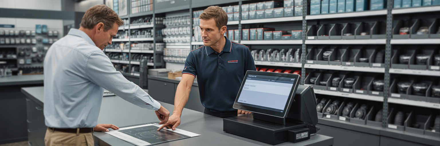 Automotive parts counter with staff and customer.