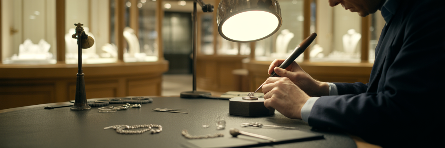 Jeweller working at a luxury workbench.