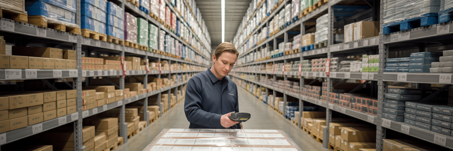 Retail stockroom with organised inventory shelving.